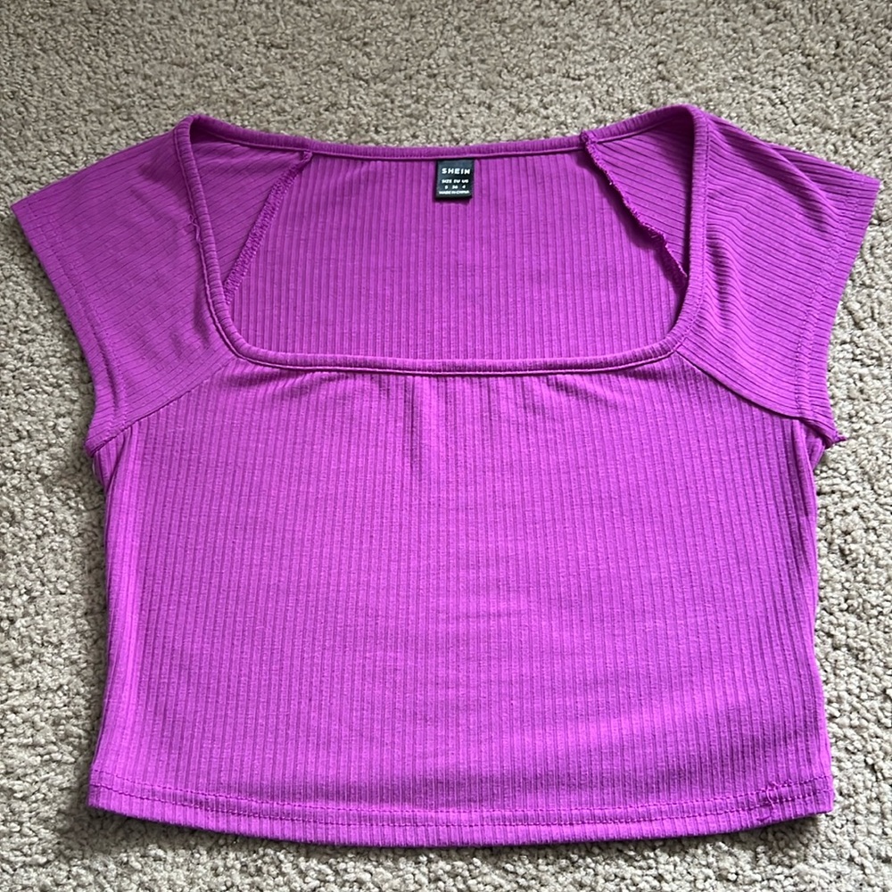 Shein Purple Square Neck Ribbed Cropped T-Shirt